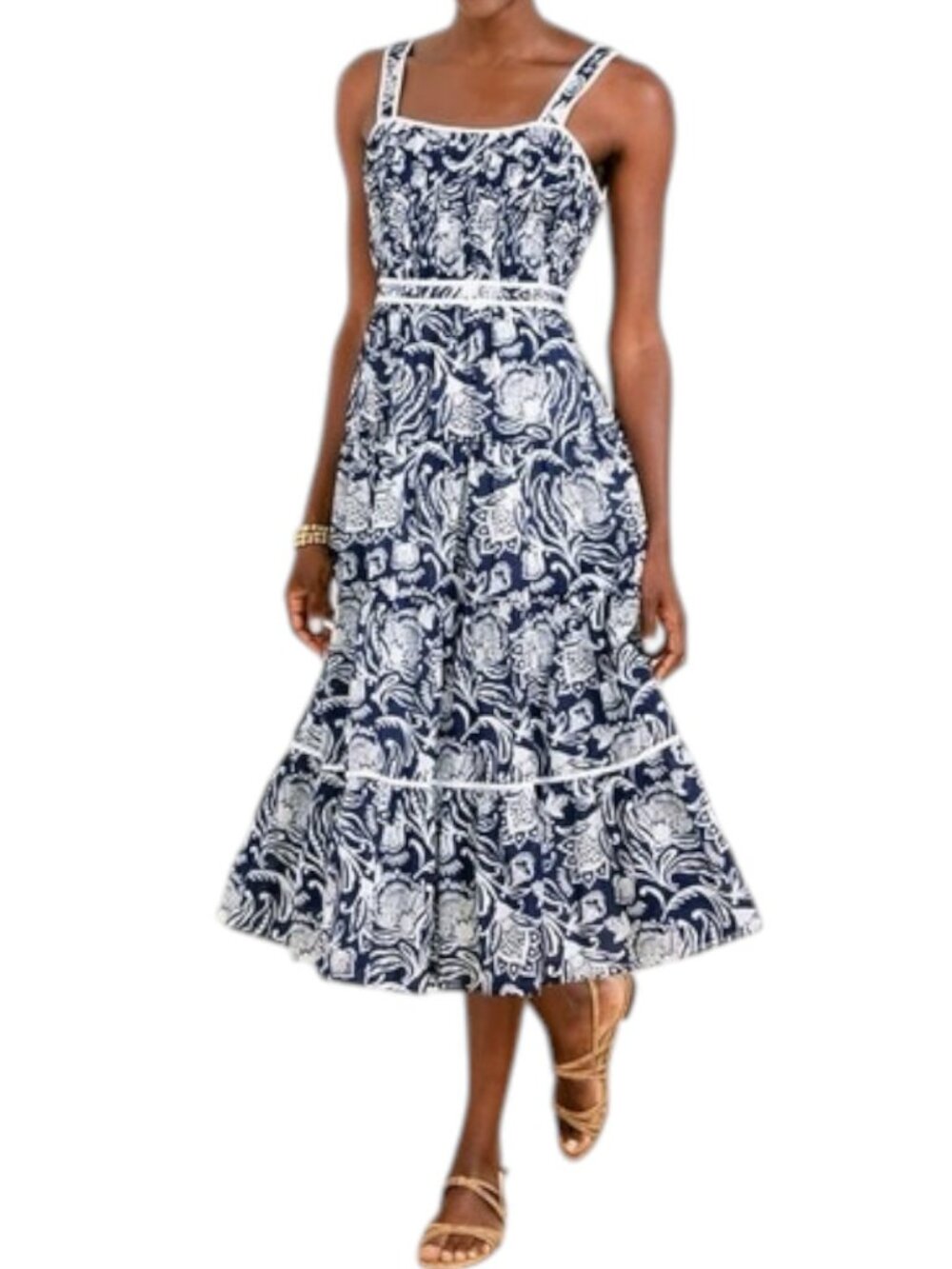 Talbots Cotton Navy White Print Midi Dress